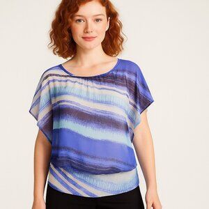 JM Collection Blue Stripe Sheer Lined Batwing Blouse Size L